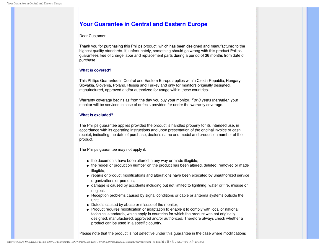 Philips 190CW8 user manual Your Guarantee in Central and Eastern Europe 