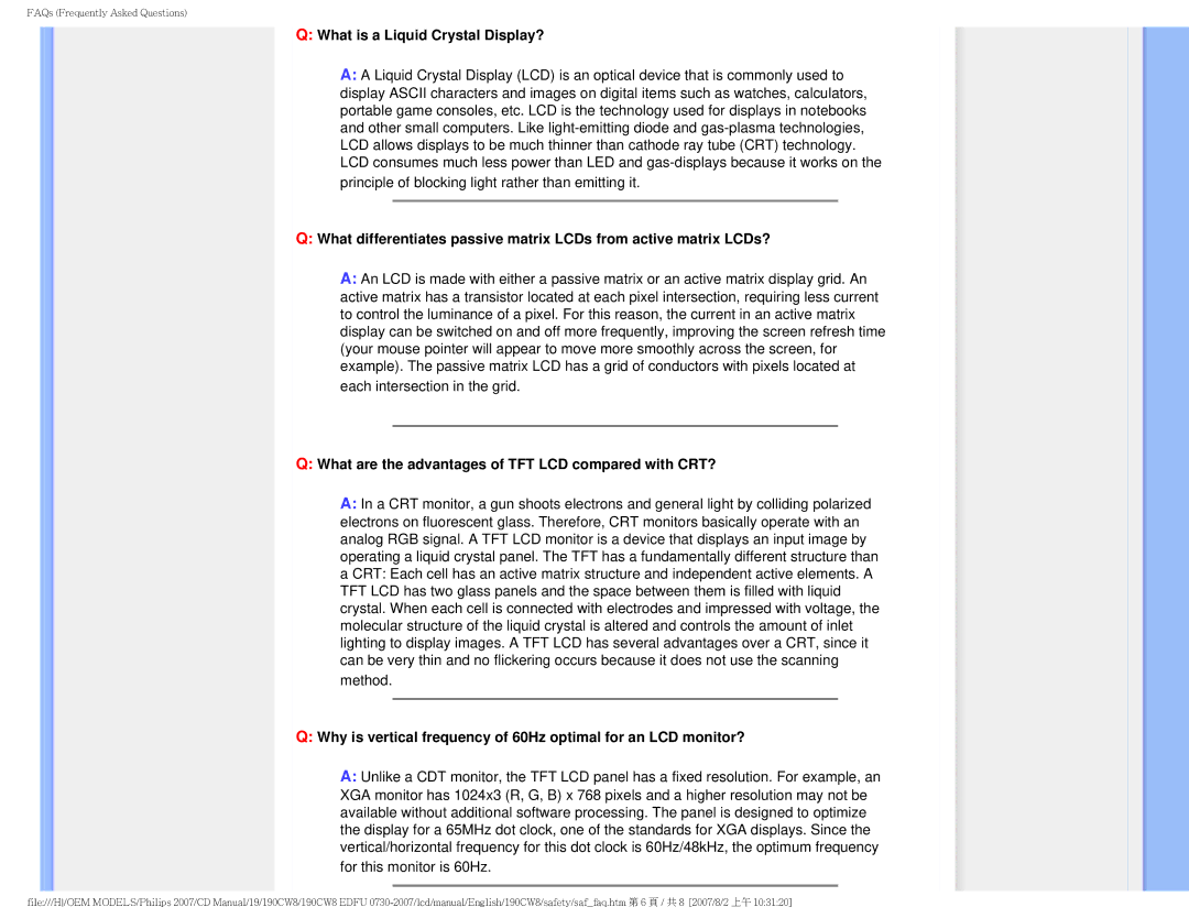 Philips 190CW8 user manual What is a Liquid Crystal Display?, What are the advantages of TFT LCD compared with CRT? 