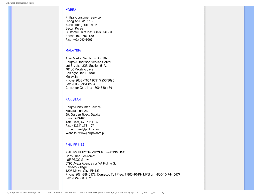 Philips 190CW8 user manual Korea, Malaysia, Pakistan, Philippines 