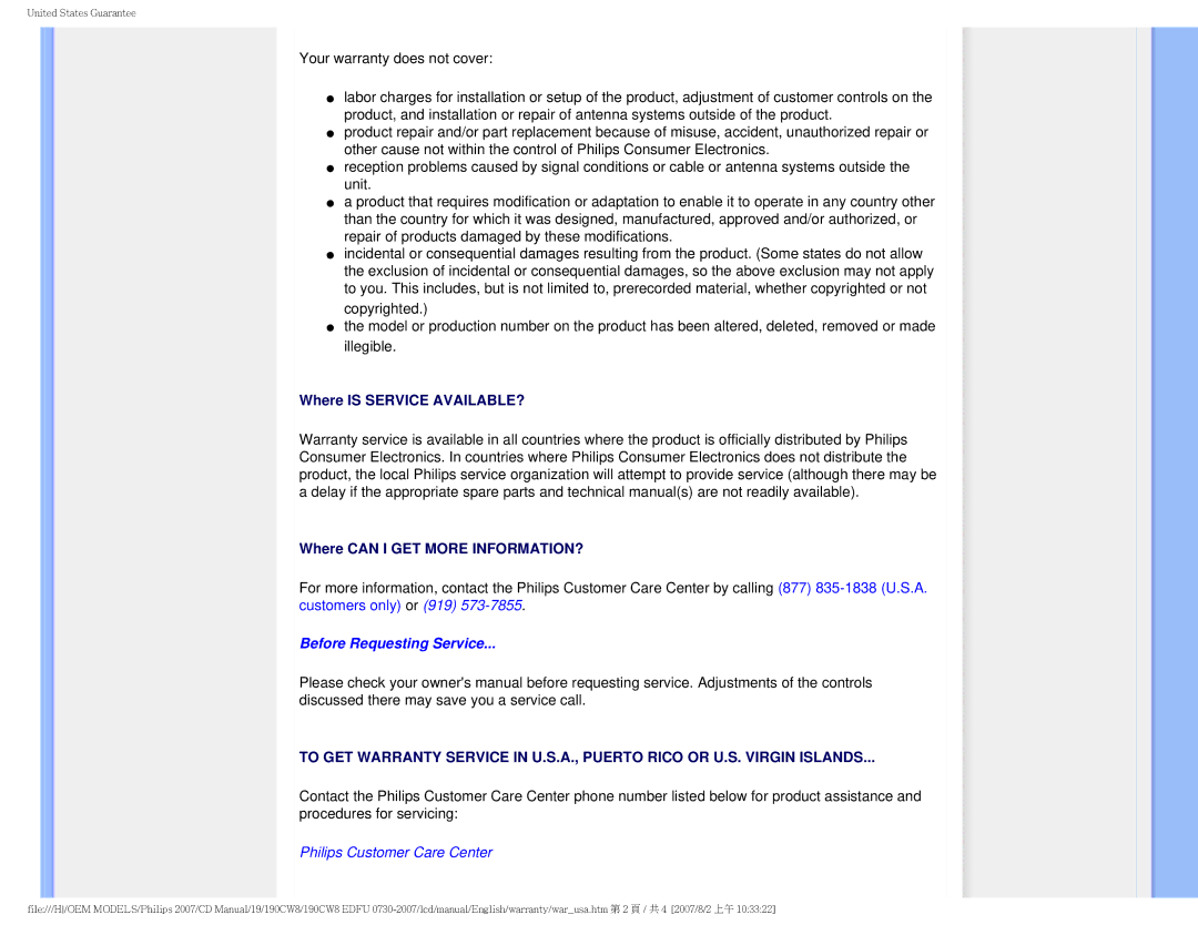 Philips 190CW8 user manual Before Requesting Service 