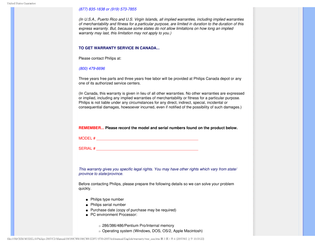 Philips 190CW8 user manual To GET Warranty Service in Canada 
