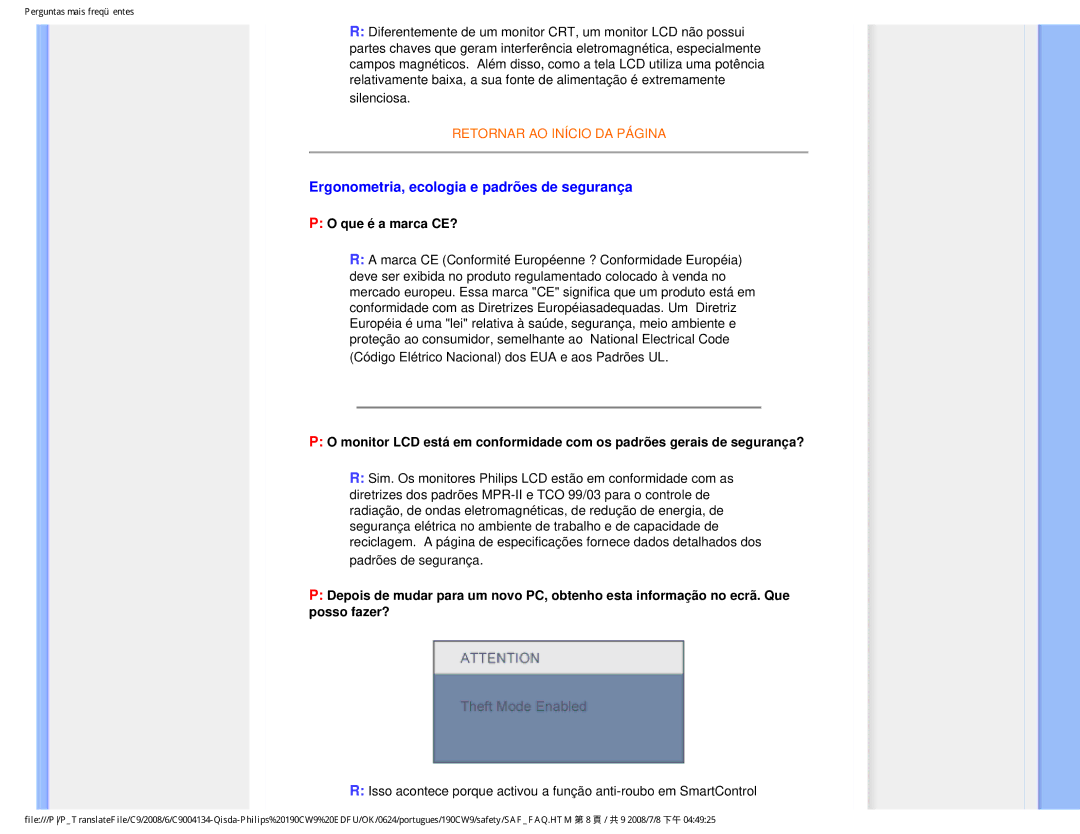 Philips 190CW9 user manual Ergonometria, ecologia e padrões de segurança, Que é a marca CE? 