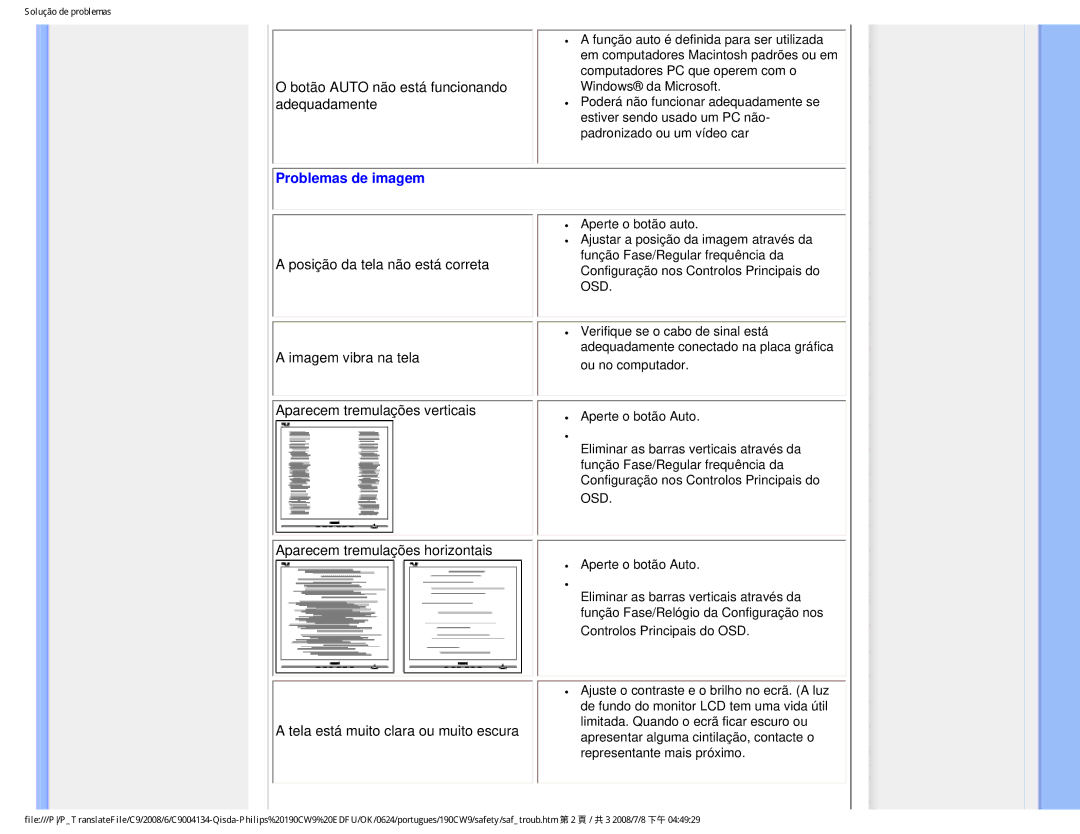 Philips 190CW9 user manual Problemas de imagem, Osd 