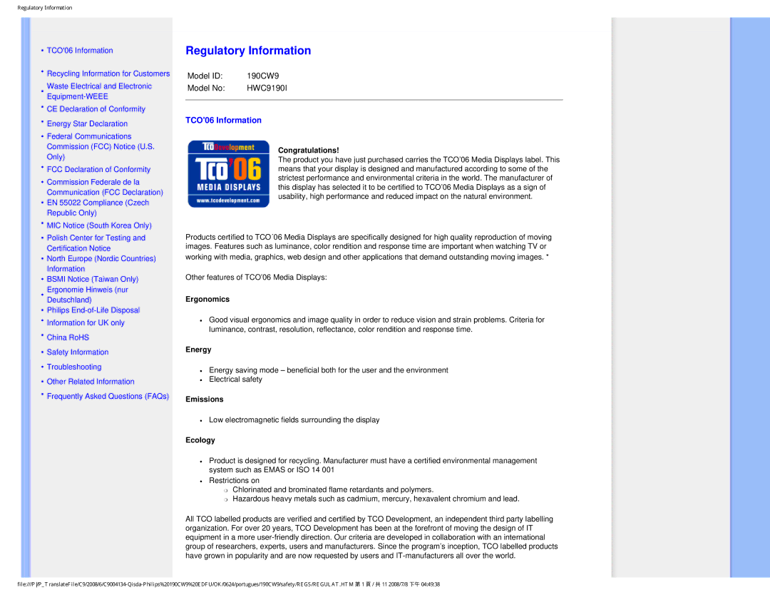 Philips 190CW9 user manual Regulatory Information, TCO06 Information 