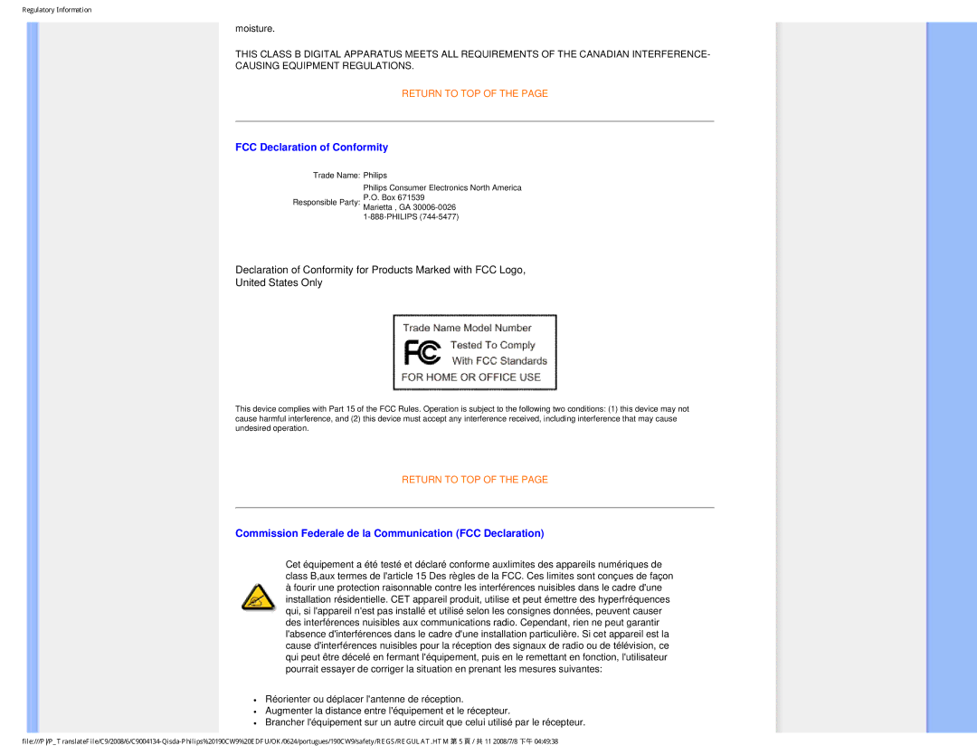 Philips 190CW9 user manual FCC Declaration of Conformity, Commission Federale de la Communication FCC Declaration 