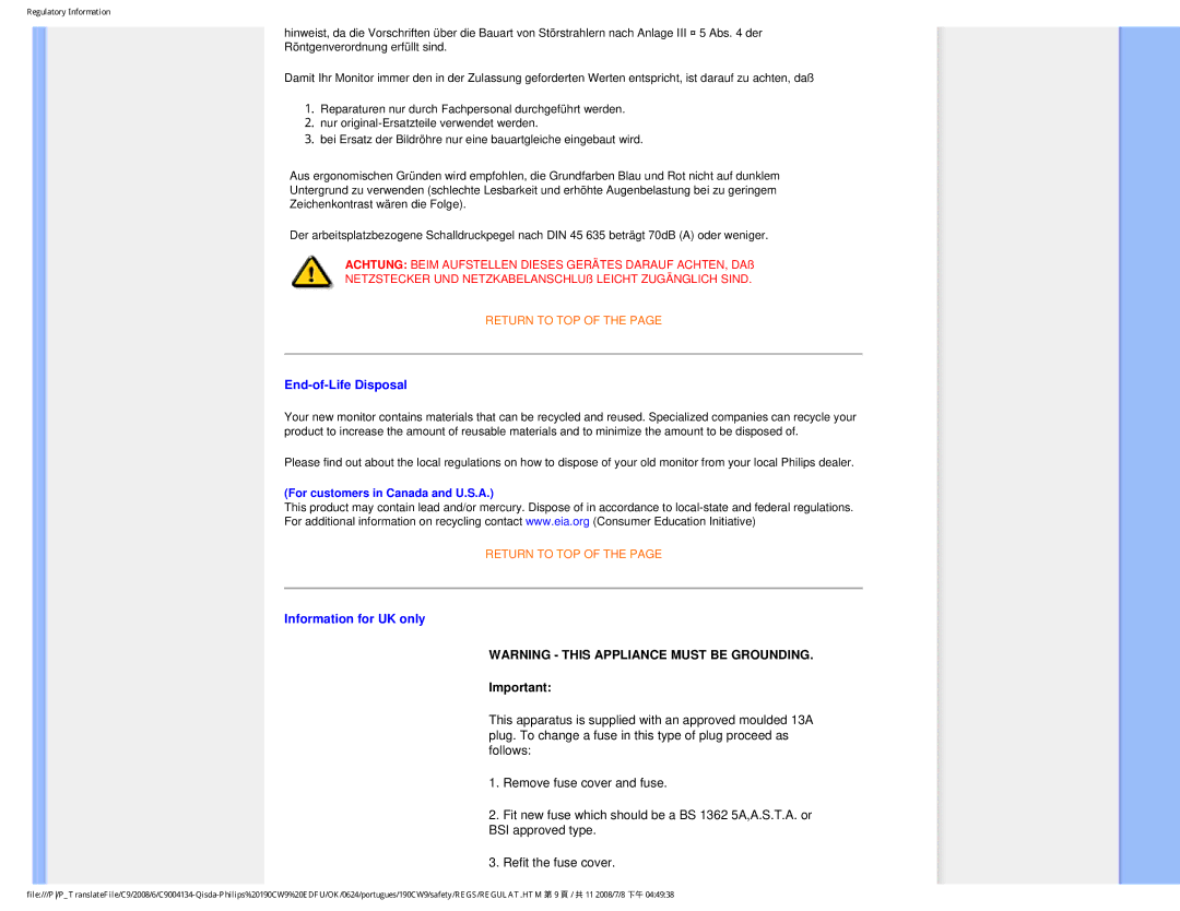 Philips 190CW9 user manual End-of-Life Disposal, Information for UK only 