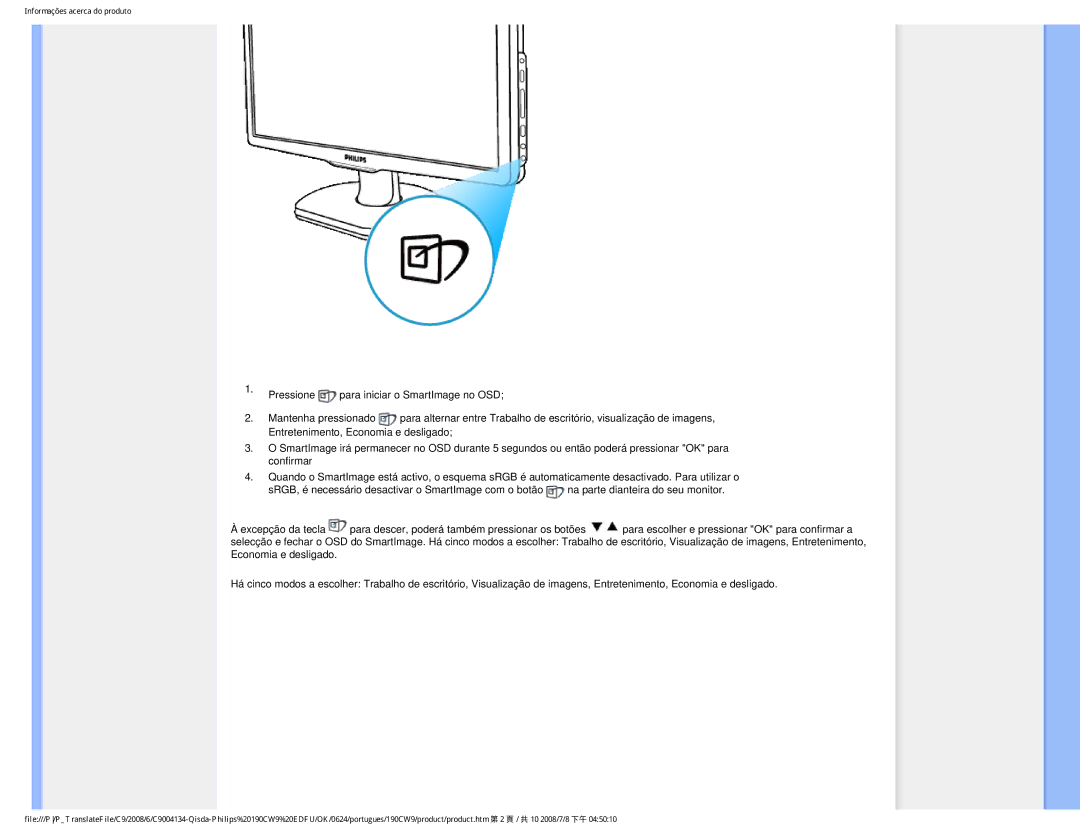 Philips 190CW9 user manual Informações acerca do produto 