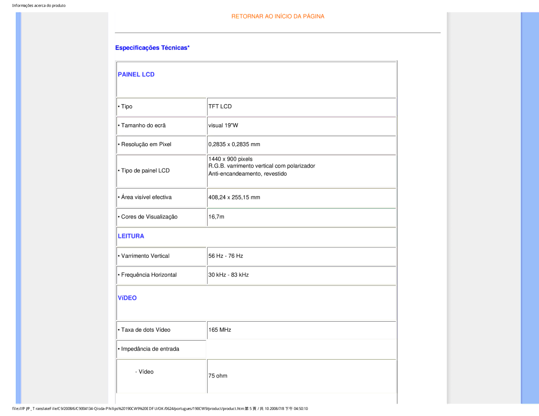 Philips 190CW9 user manual Painel LCD 