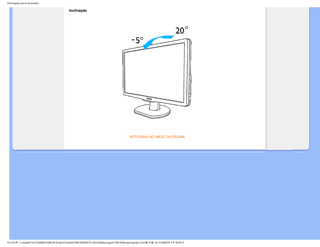 Philips 190CW9 user manual Inclinação 