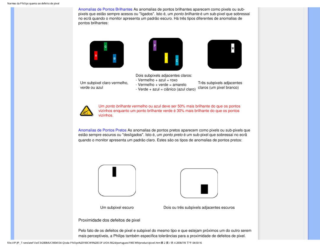 Philips 190CW9 user manual Proximidade dos defeitos de pixel 