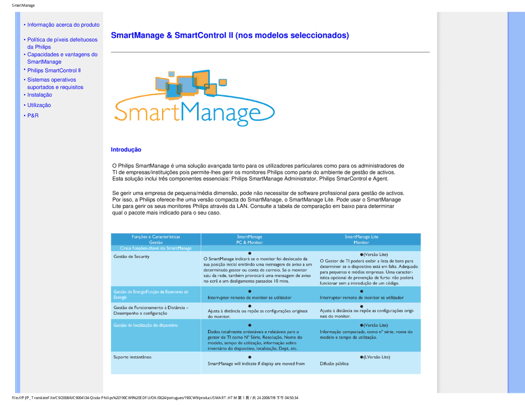 Philips 190CW9 user manual SmartManage & SmartControl II nos modelos seleccionados 