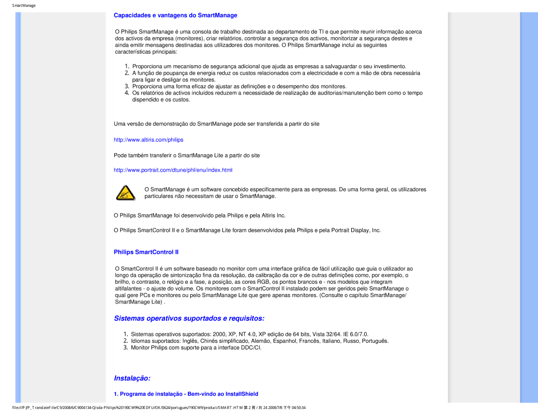 Philips 190CW9 user manual Capacidades e vantagens do SmartManage, Programa de instalação Bem-vindo ao InstallShield 