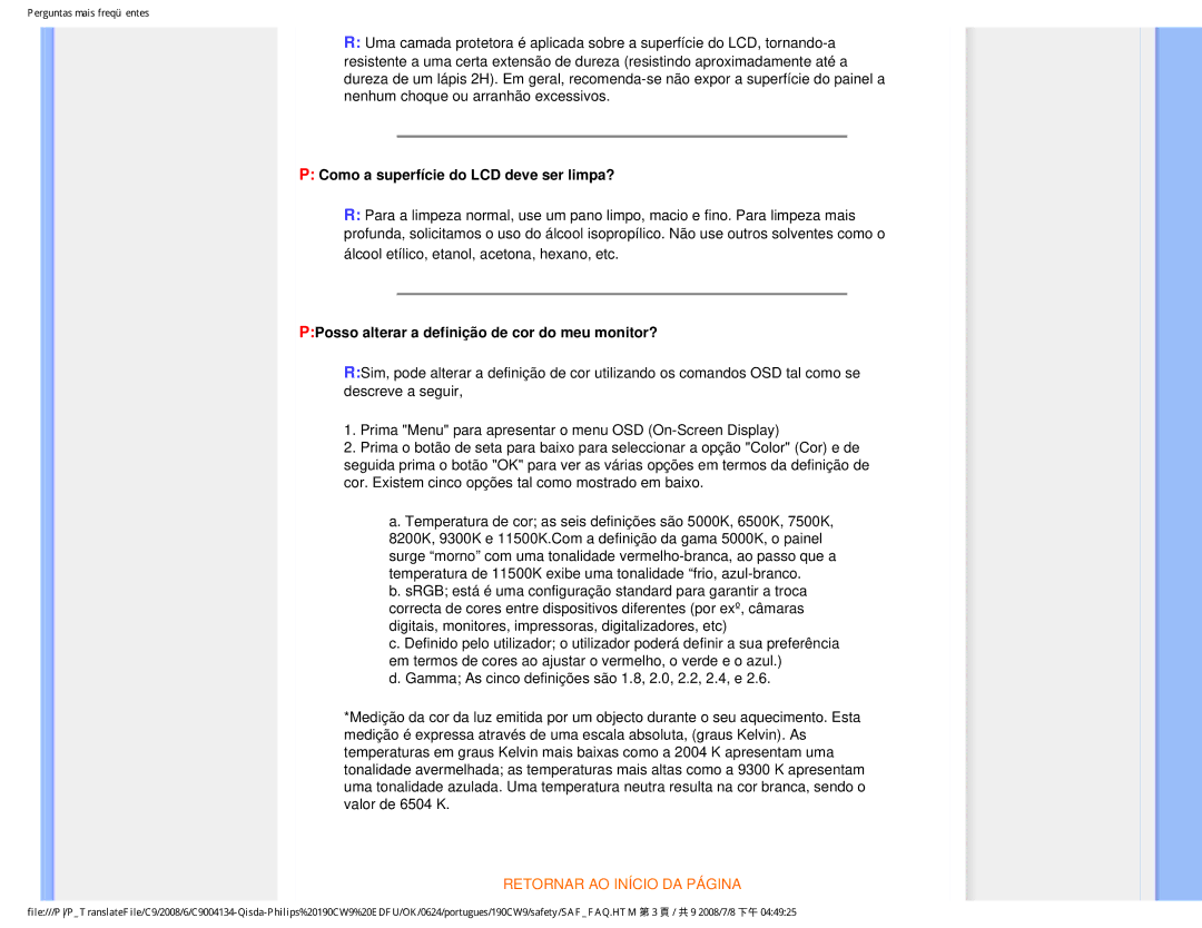 Philips 190CW9 user manual Como a superfície do LCD deve ser limpa?, PPosso alterar a definição de cor do meu monitor? 