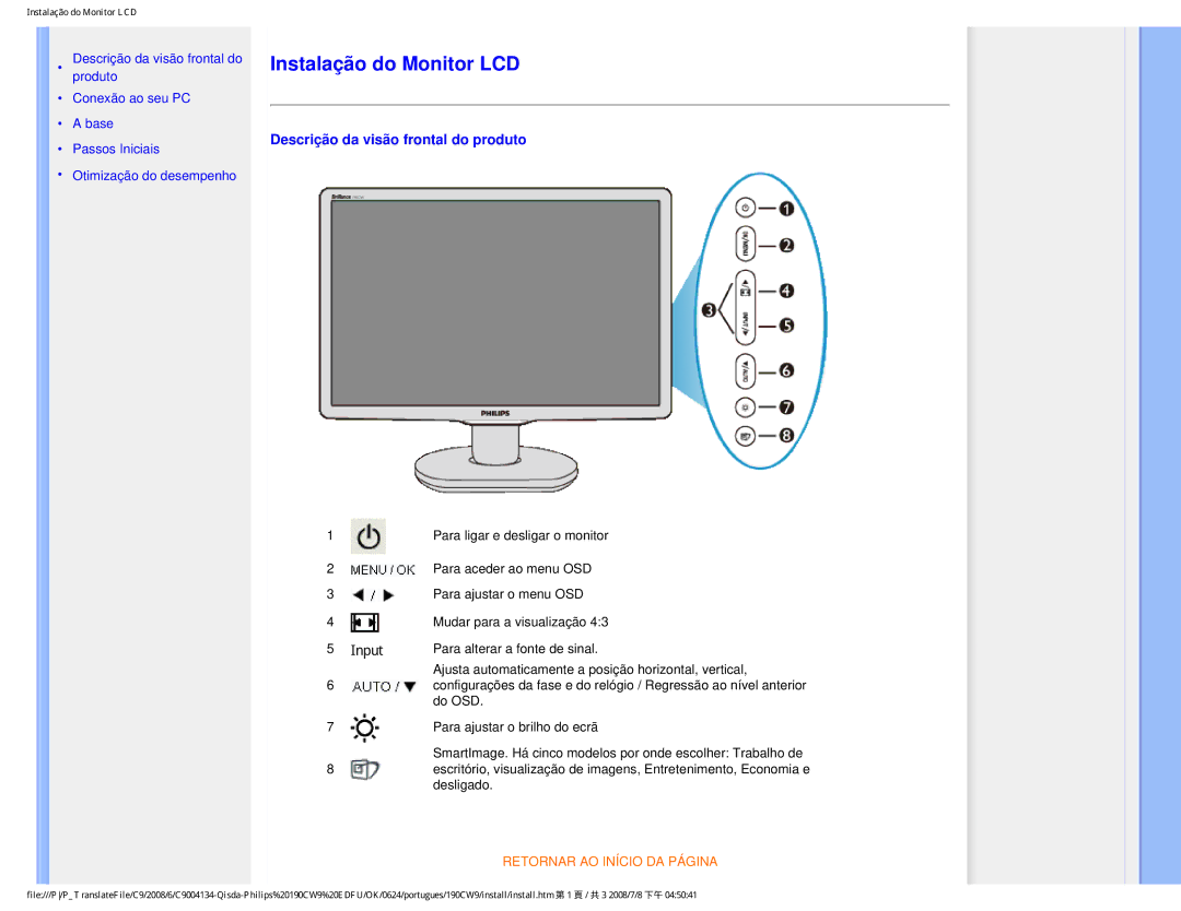 Philips 190CW9 user manual Instalação do Monitor LCD 