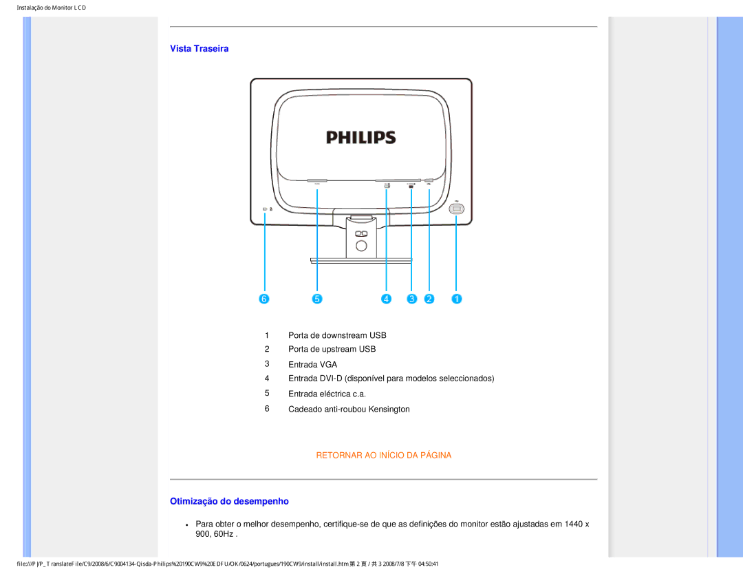 Philips 190CW9 user manual Vista Traseira 