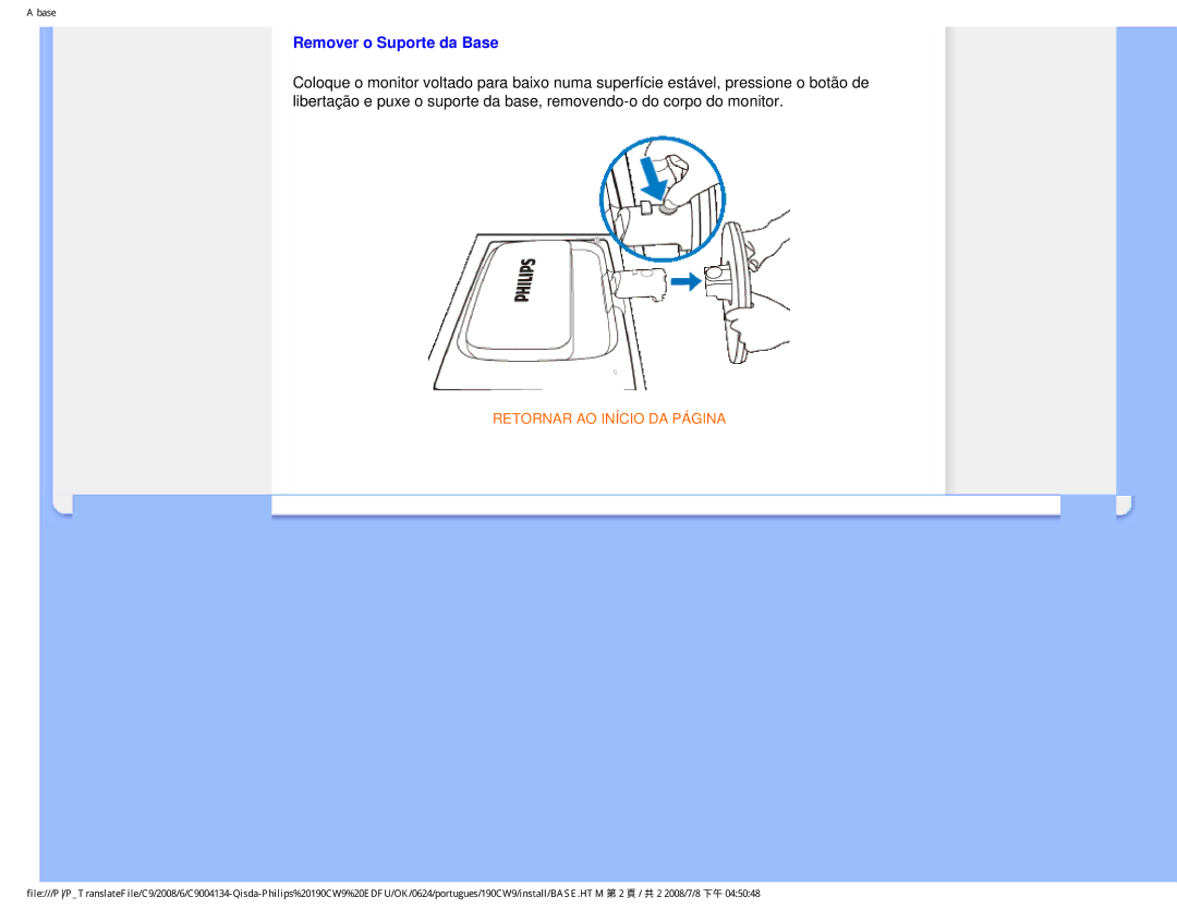 Philips 190CW9 user manual Remover o Suporte da Base 