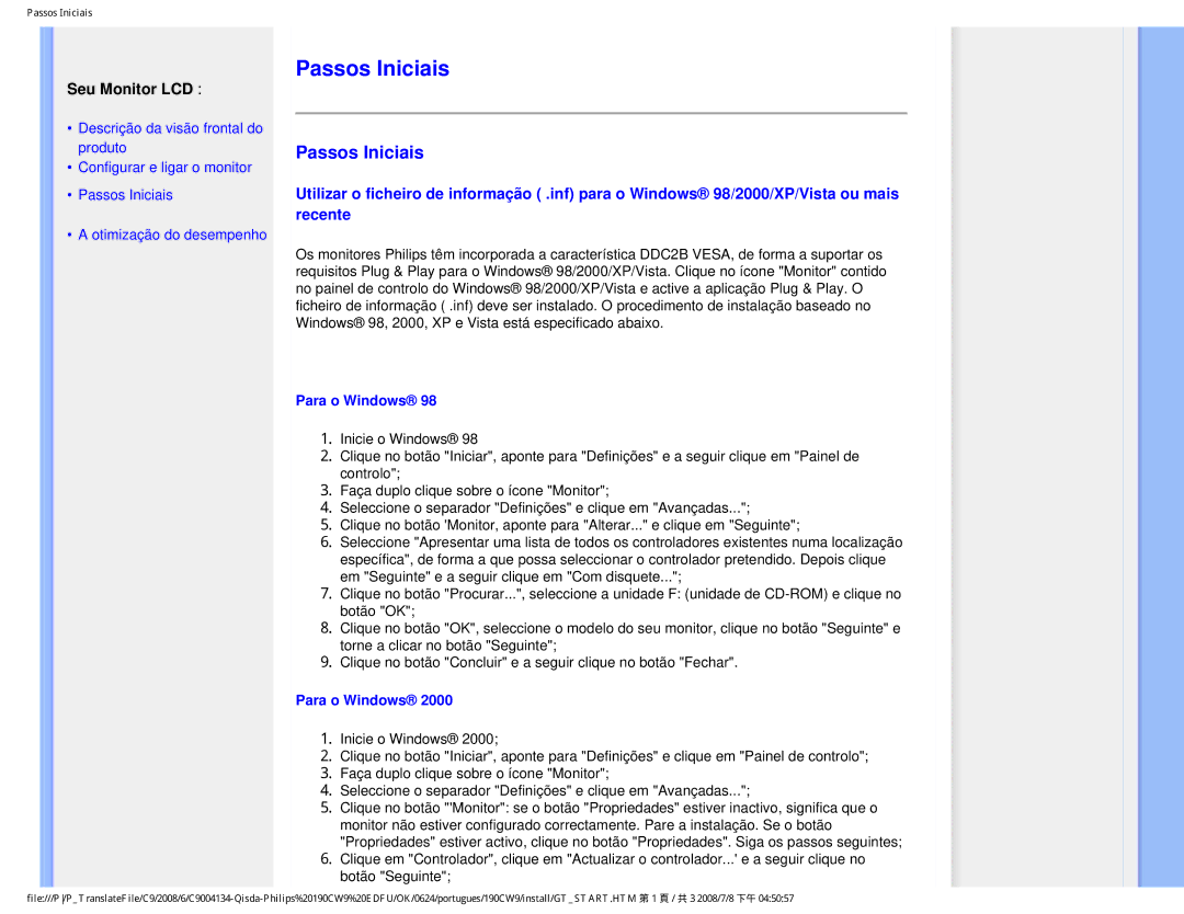 Philips 190CW9 user manual Passos Iniciais, Seu Monitor LCD 