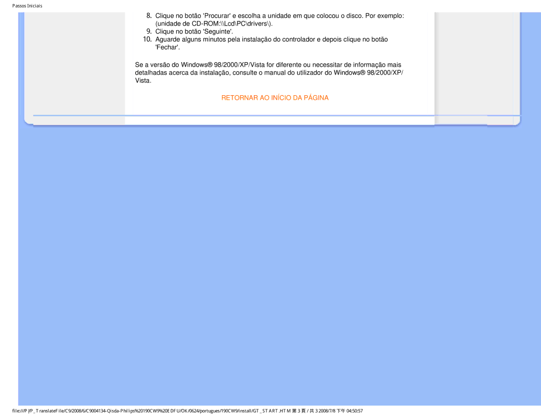 Philips 190CW9 user manual Retornar AO Início DA Página 