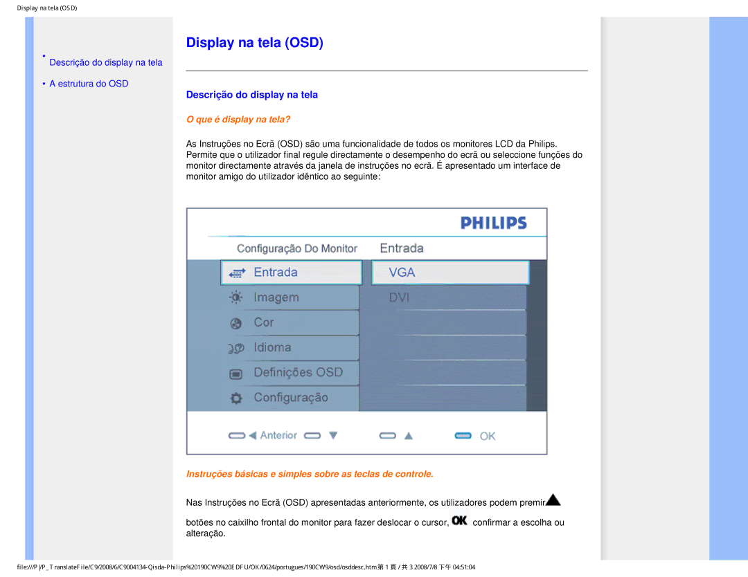 Philips 190CW9 user manual Display na tela OSD, Descrição do display na tela 