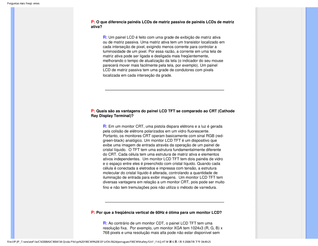 Philips 190CW9 user manual Perguntas mais freqüentes 