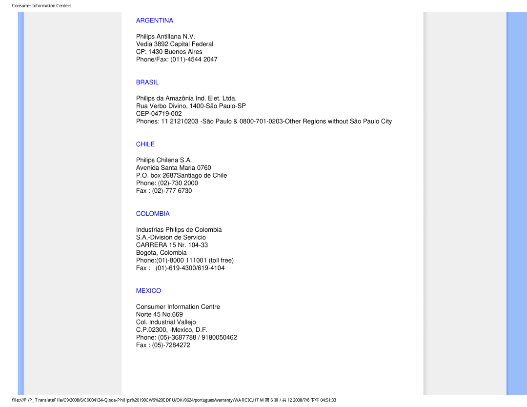 Philips 190CW9 user manual Argentina, Brasil, Chile, Colombia, Mexico 