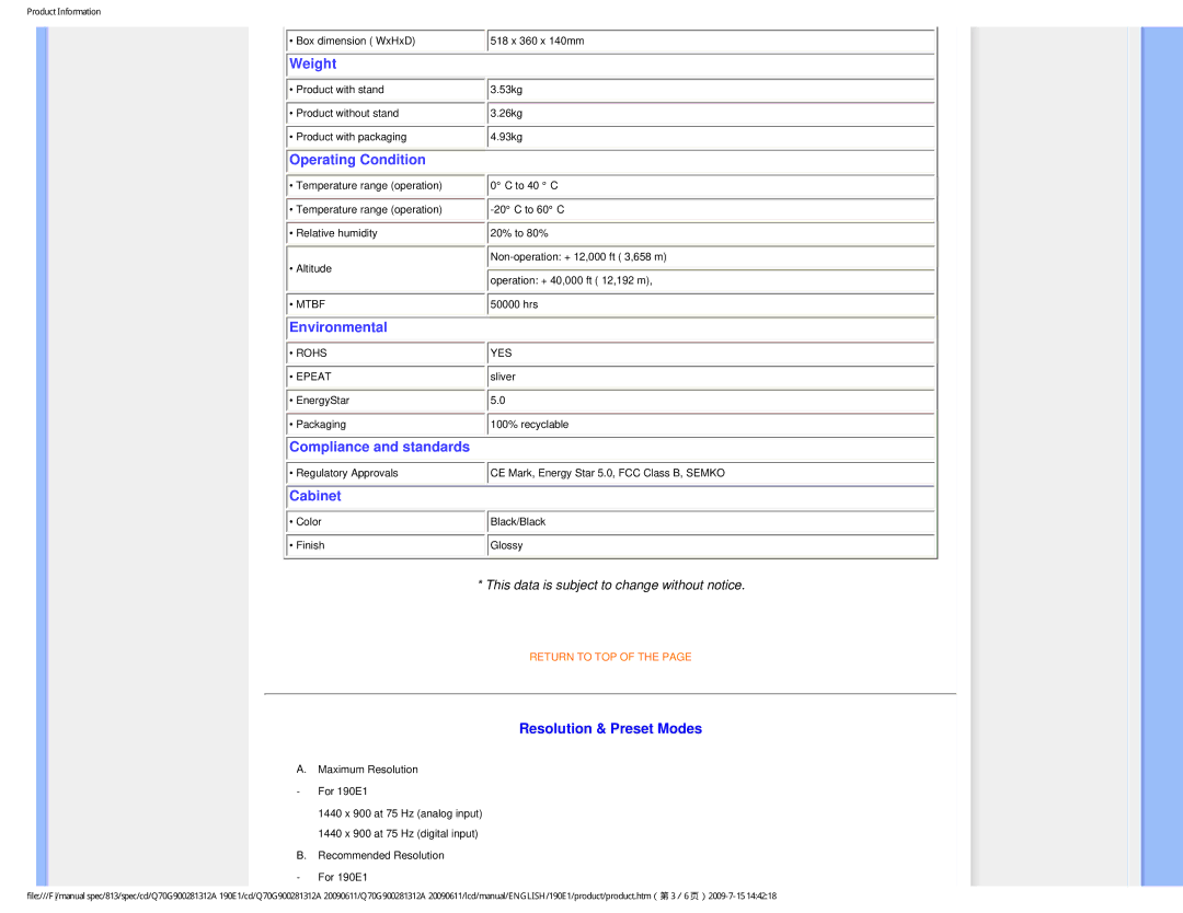 Philips 190E1SB/00 user manual Operating Condition, Resolution & Preset Modes 