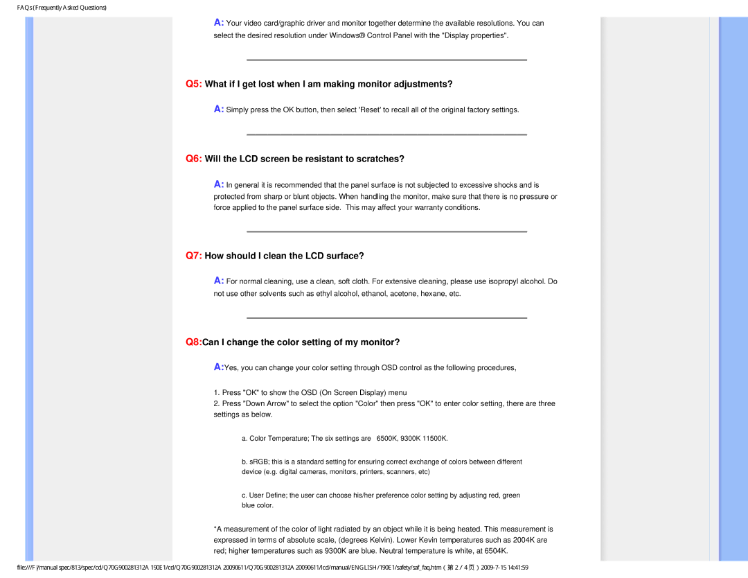 Philips 190E1SB/00 user manual Q5 What if I get lost when I am making monitor adjustments? 