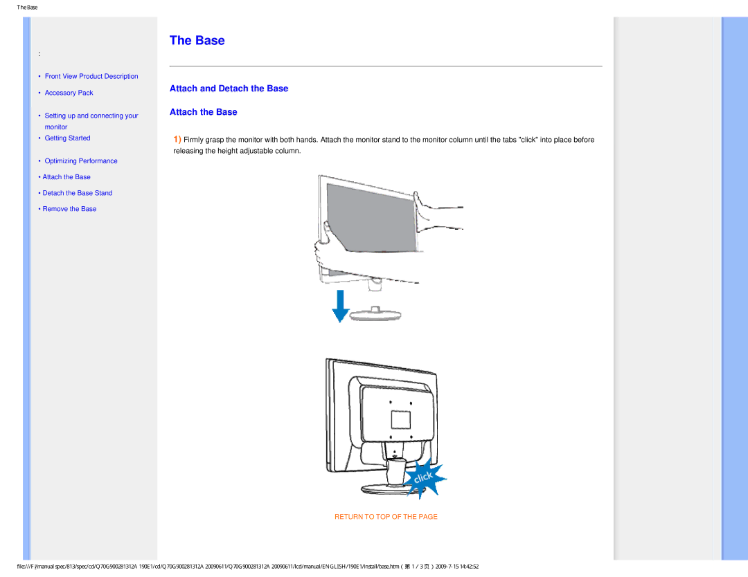 Philips 190E1SB/00 user manual Attach and Detach the Base Attach the Base 