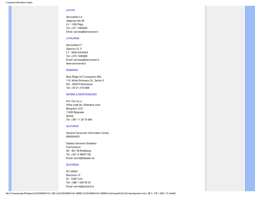 Philips 190E1SB/00 user manual Latvia 