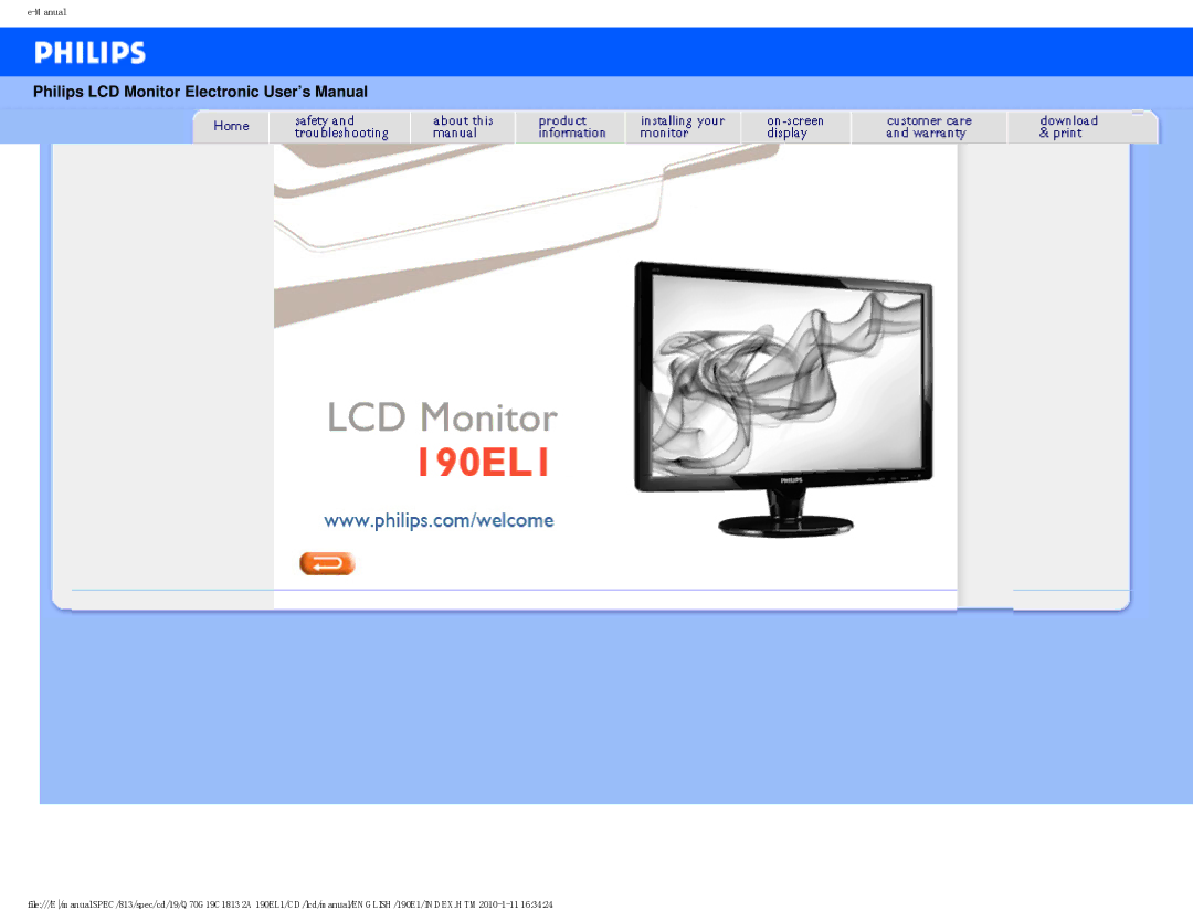 Philips 190EL1SB/00 user manual Philips LCD Monitor Electronic User’s Manual 