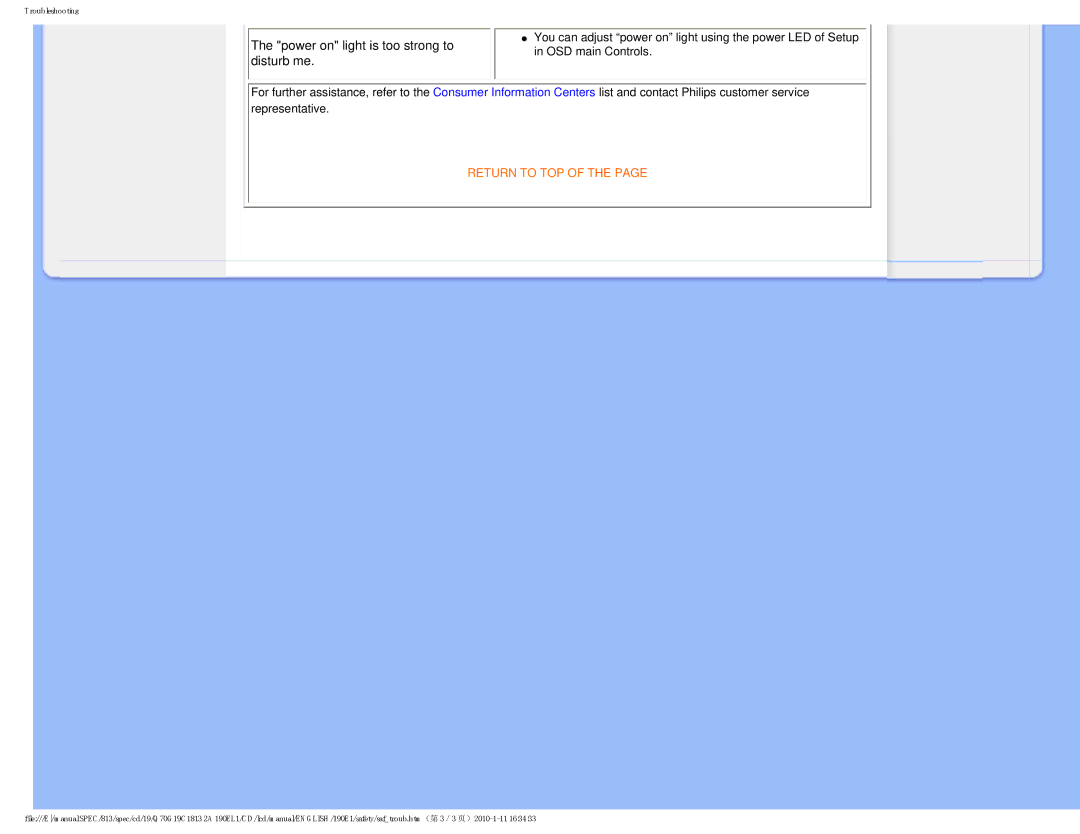 Philips 190EL1SB/00 user manual Power on light is too strong to disturb me 