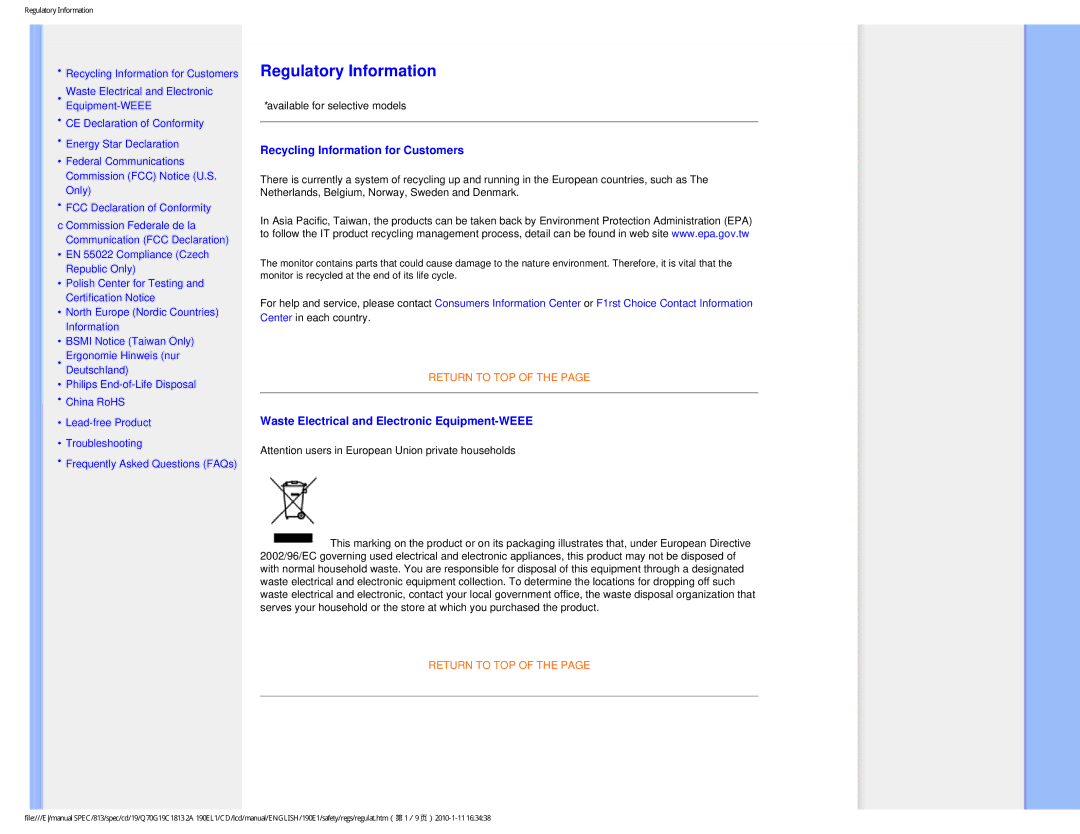 Philips 190EL1SB/00 user manual Recycling Information for Customers, Waste Electrical and Electronic Equipment-WEEE 