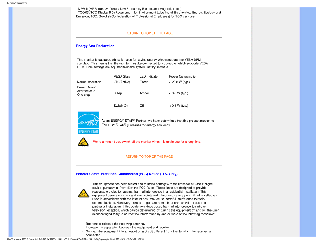 Philips 190EL1SB/00 user manual Energy Star Declaration, Federal Communications Commission FCC Notice U.S. Only 