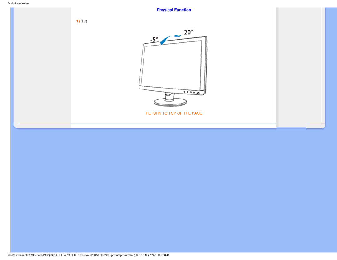 Philips 190EL1SB/00 user manual Physical Function, Tilt 