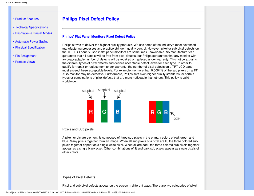 Philips 190EL1SB/00 user manual Philips Pixel Defect Policy, Philips Flat Panel Monitors Pixel Defect Policy 