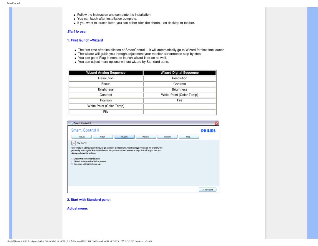 Philips 190EL1SB/00 user manual First launch -Wizard, Start with Standard pane Adjust menu 