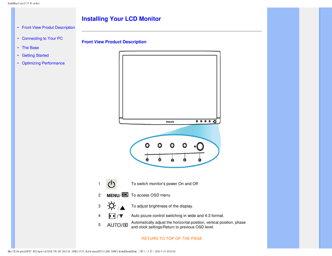 Philips 190EL1SB/00 user manual Installing Your LCD Monitor, Front View Product Description 