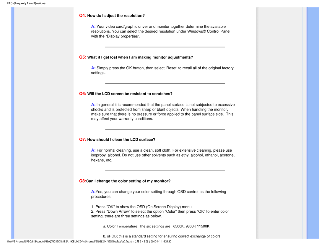 Philips 190EL1SB/00 user manual Q4 How do I adjust the resolution? 