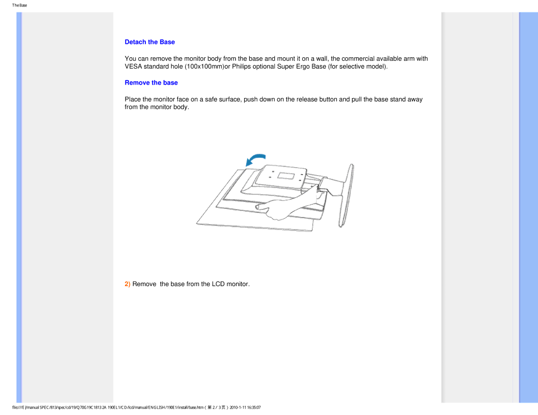 Philips 190EL1SB/00 user manual Detach the Base, Remove the base 