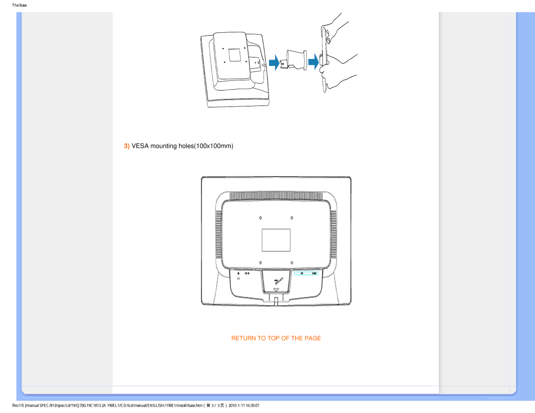 Philips 190EL1SB/00 user manual Vesa mounting holes100x100mm 