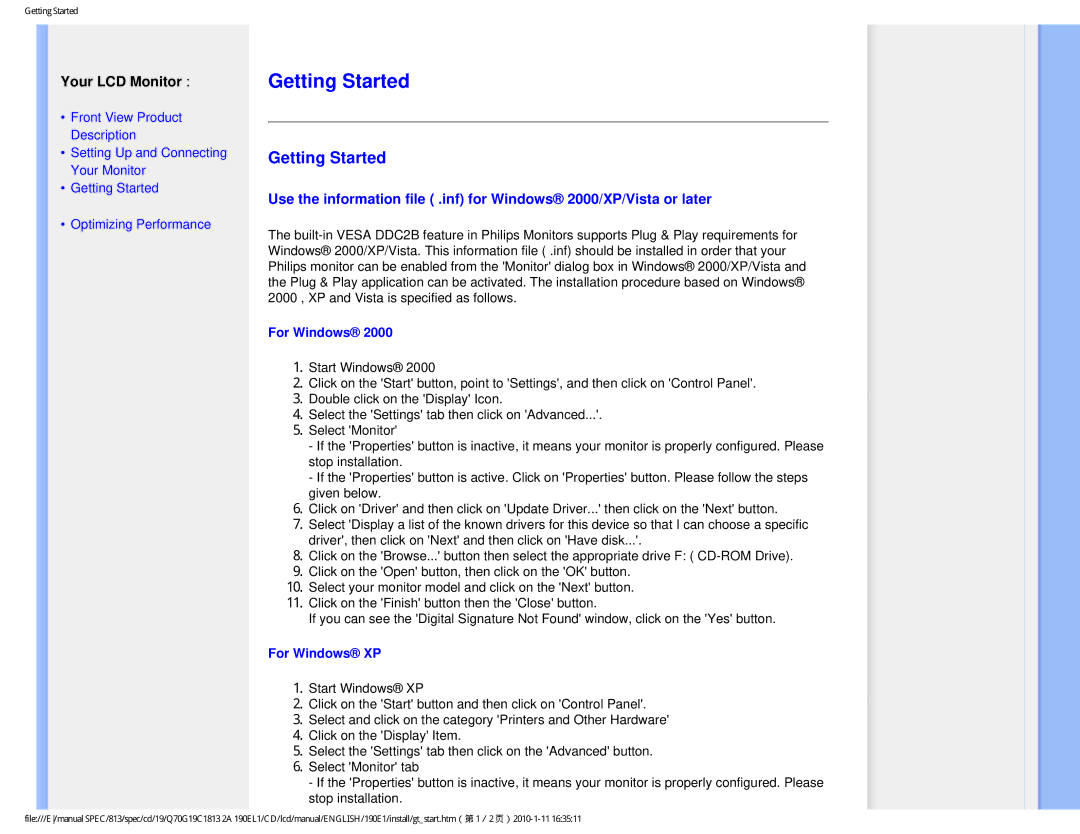 Philips 190EL1SB/00 user manual Getting Started, For Windows XP 