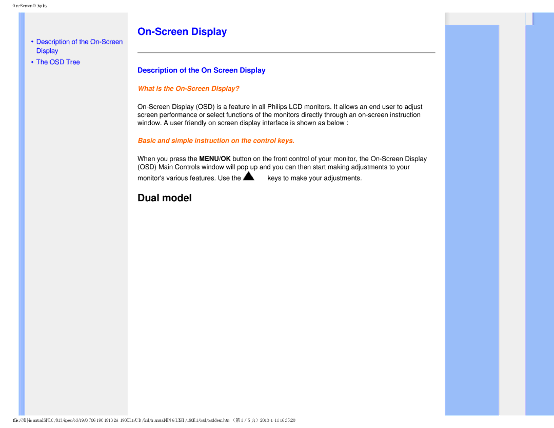 Philips 190EL1SB/00 user manual On-Screen Display, Description of the On Screen Display 