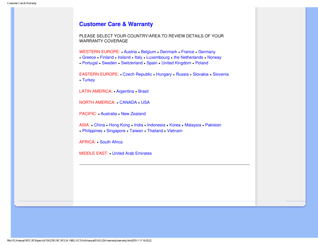 Philips 190EL1SB/00 user manual Customer Care & Warranty, North America Canada USA 