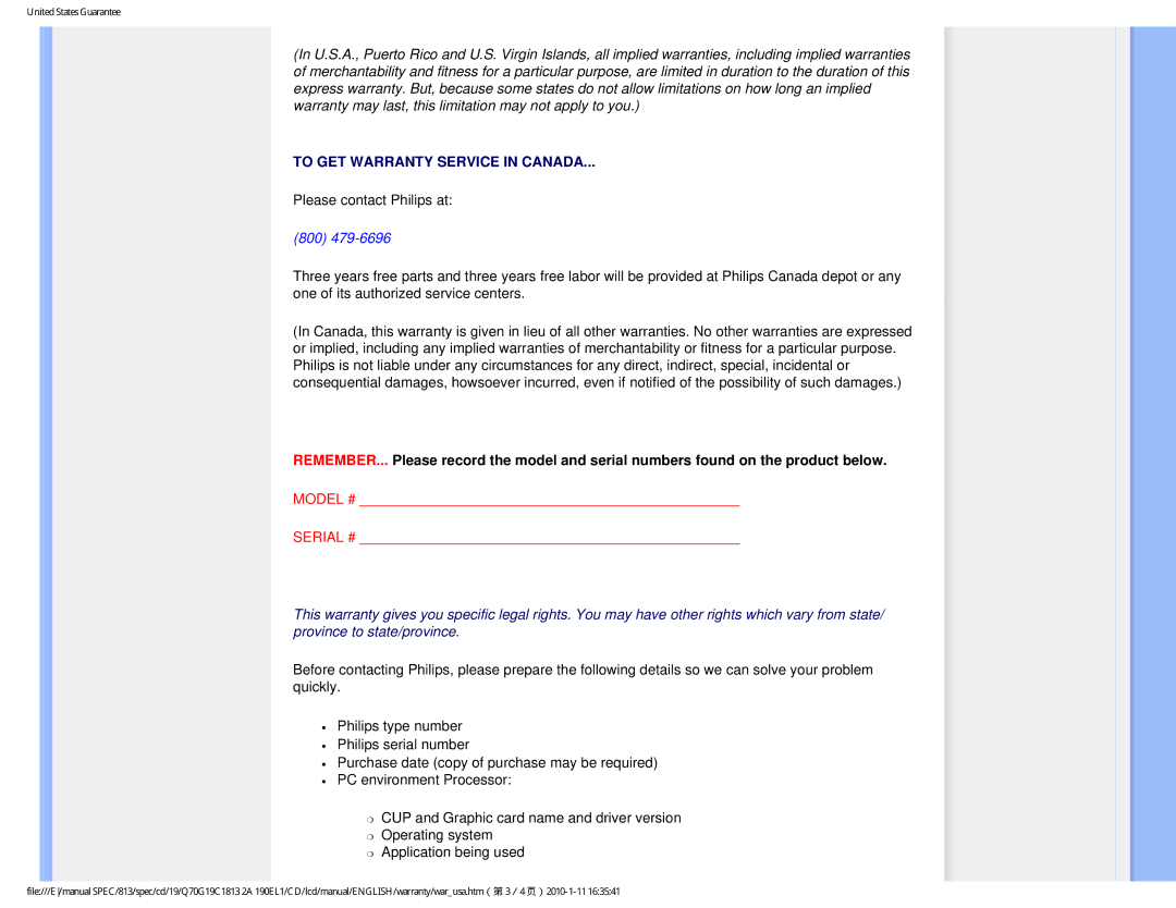 Philips 190EL1SB/00 user manual To GET Warranty Service in Canada 