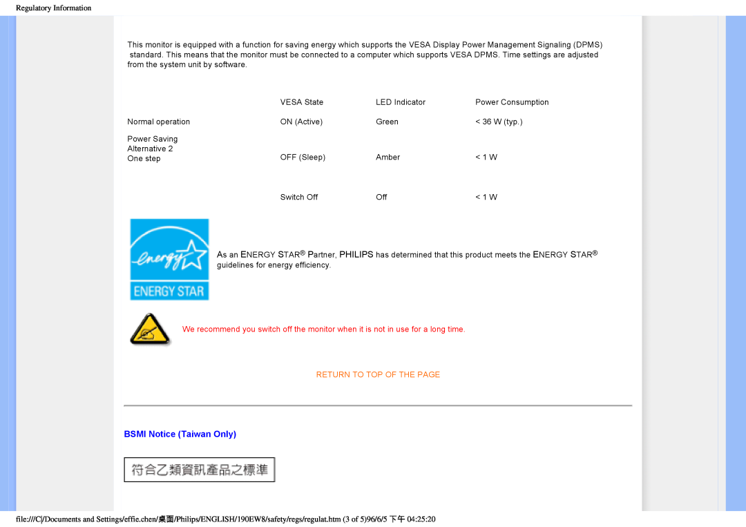Philips HWC7190A, 190EW8CB/93 user manual BSMI Notice Taiwan Only, Return To Top Of The Page, Power Consumption 