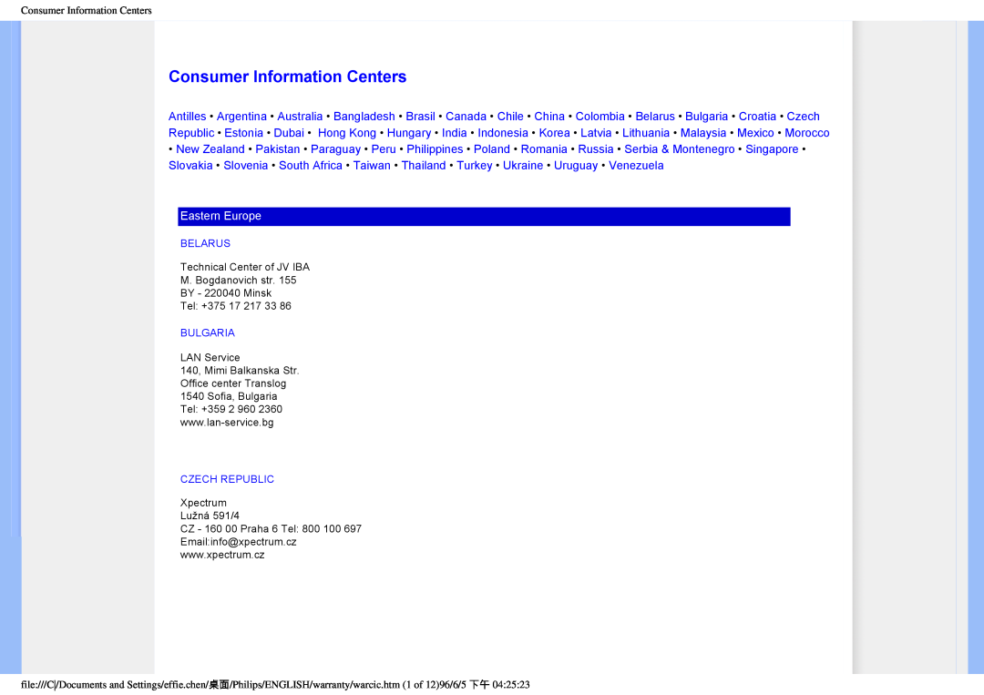 Philips 190EW8CB/93, HWC7190A user manual Consumer Information Centers, Eastern Europe 