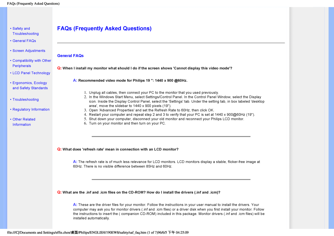 Philips 190EW8, HWC7190A FAQs Frequently Asked Questions, Safety and Troubleshooting General FAQs Screen Adjustments 