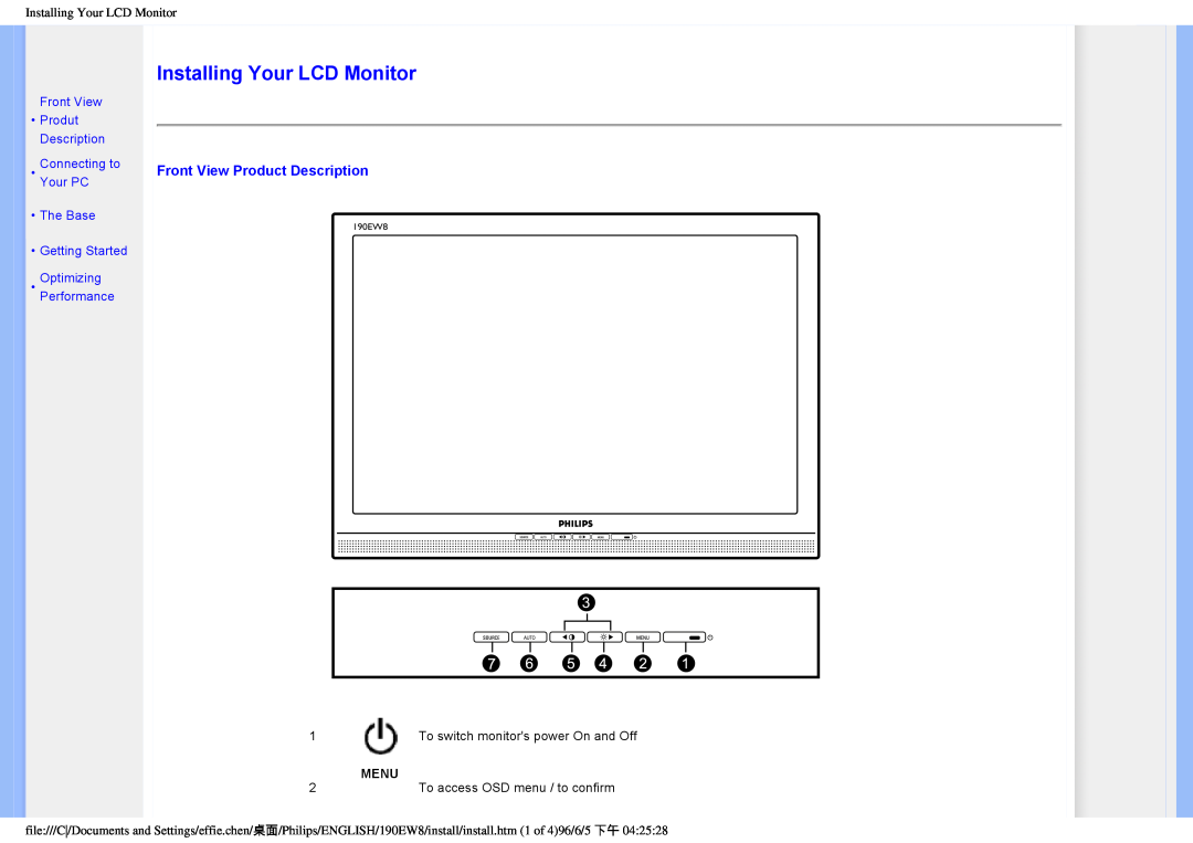 Philips 190EW8CB/93 Installing Your LCD Monitor, Front View Product Description, Produt, Connecting to, Your PC, Menu 