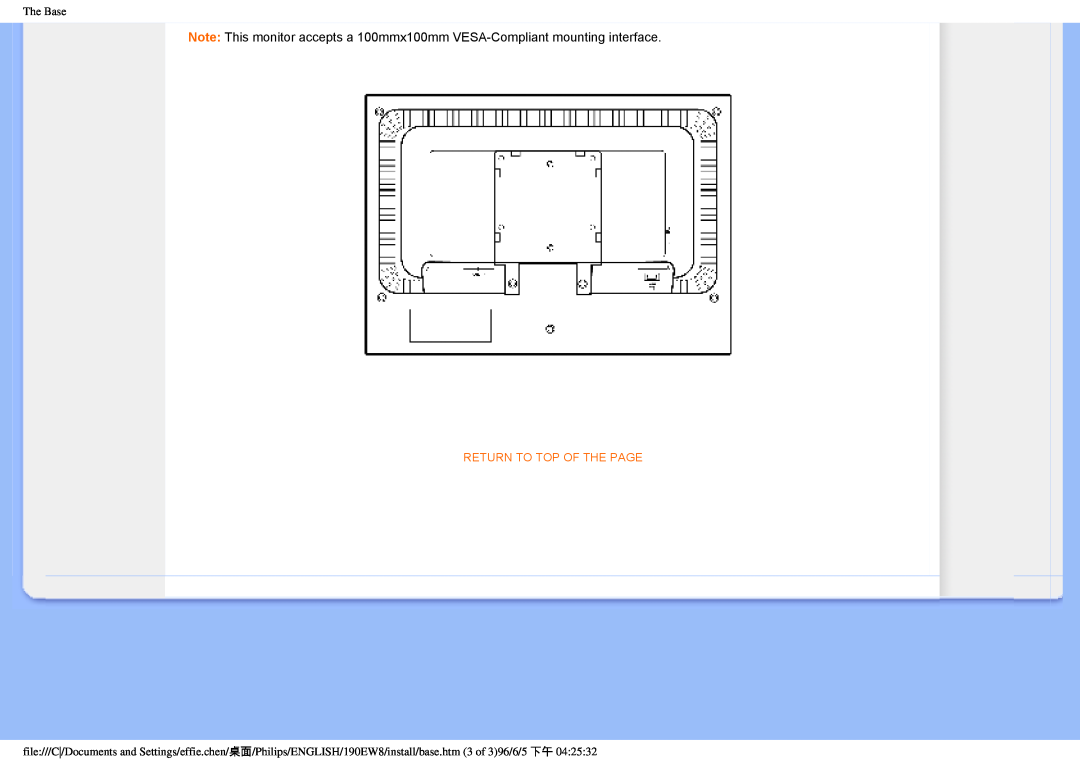 Philips 190EW8CB/93, HWC7190A user manual The Base, Return To Top Of The Page 