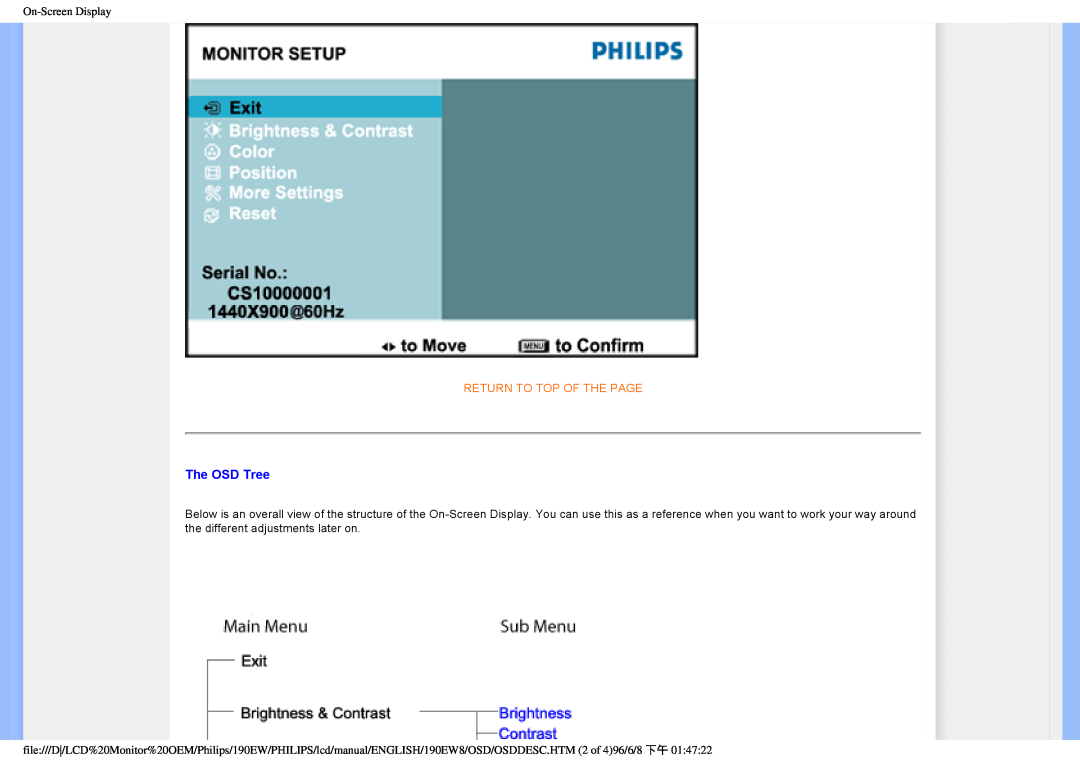 Philips 190EW8CB/93, HWC7190A user manual The OSD Tree, On-Screen Display, Return To Top Of The Page 